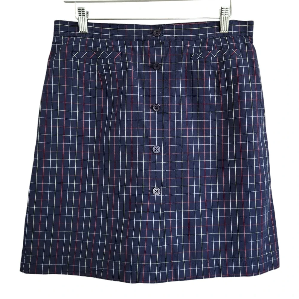 Vintage Liz Claiborne Navy Blue Red White Plaid High Waisted Button Down Skort